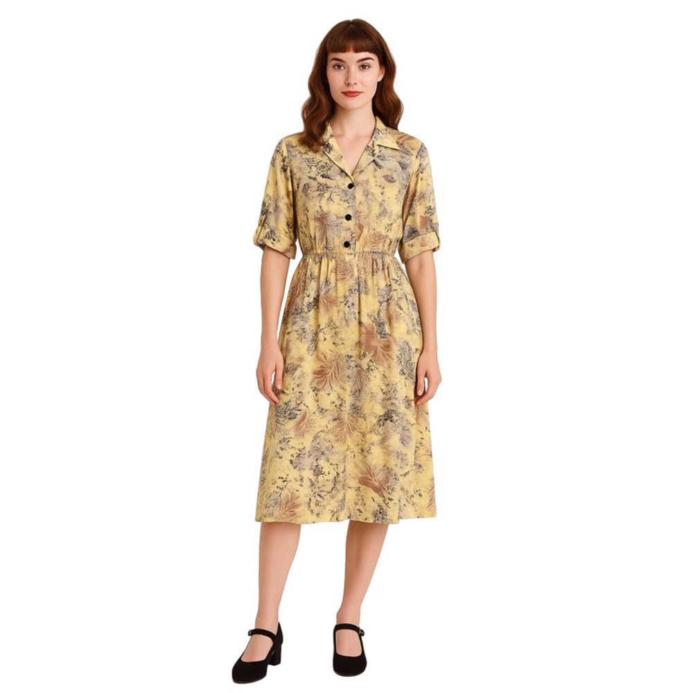 Vintage 80s 90s Buttercream Pale Yellow Midi Dress Canada Abstract Floral ~ S